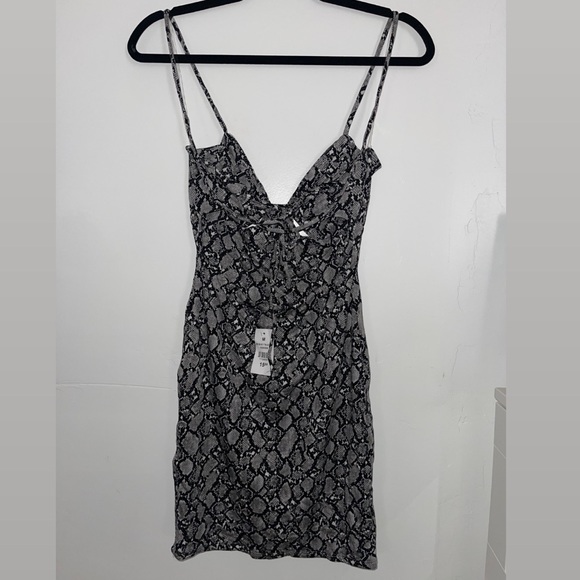 Charlotte Russe- Satin Snakeskin Mini Bodycon Dress tie up back, twist tank top - Picture 2 of 3
